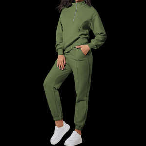 Conjunto de Dos Piezas de Punto Verde Oliva para Mujer, Sudadera de Manga Larga con Cuello Redondo y Cremallera, Corte Regular, Informal, Transpirable, Spandex/Poliéster - Product Image 5