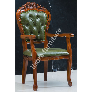 Fauteuil de salle à manger de luxe en bois massif, artisanal, avec sculptures florales ornées et assise capitonnée en cuir vert - Product Image 5