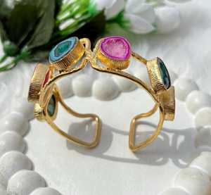 18K Gold Plated Brass Cuff <b>Bracelet</b> Pink & Green <b>Crystal</b> Bangle for Her Boho Style Jewelry Handmade Bulk Product - Product Image 2