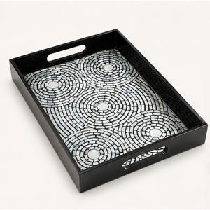 Plateau de service rectangulaire en bois noir fait main avec incrustation de mosaïque en nacre, design luxueux, pour la décoration de l'hôtel et de la maison - Product Image 1