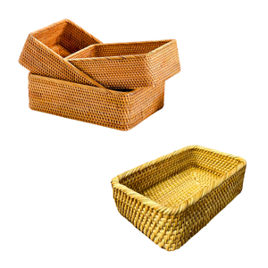 Juego de 3 Cestas/Bandejas Rectangulares de Mimbre RATTAN, Cestas Rectangulares de Mimbre Natural Tejidas a Mano - Product Image 1