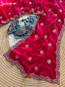 Premium Collection Fancy Satin Silk with Sequence work Butta All-Over & Multi-Thread Border <b>Saree</b>-<b>Readymade</b> <b>Blouse</b> Woman Fashion - Product Image 3