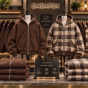 เสื้อแจ็คเก็ตฮู้ดดี้แบบซิปสีน้ำตาลยี่ห้อ ONEAPEX แบบกลับด้านได้ สกรีนโลโก้ได้ตามสั่ง ทรงโอเวอร์ไซส์ สตรีทแวร์ ผู้ผลิตขายส่ง - Product Image 2