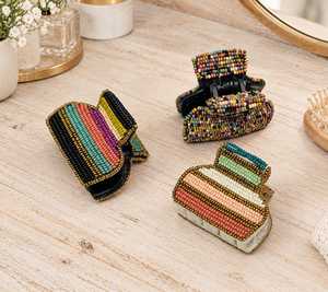 Pinces à cheveux multicolores tissées à la main avec perles de rocaille en verre, embellies, écologiques, durables, à rayures, accessoires pour cheveux - Product Image 5