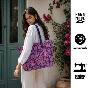 Bolso Tote con Estampado Floral para Mujer, Cierre de Cremallera, Asas Negras, Patrón Azul y Rosa, Bolso de Compras de Moda para Todas las Temporadas - Product Image 2