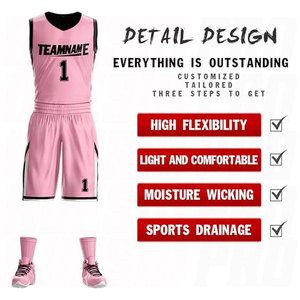 Maillot et short de basketball personnalisés rose et noir en polyester, respirants et à séchage rapide, pour l'entraînement sportif, grande taille - Product Image 3