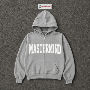 Sudadera con capucha gris oversize personalizada para hombre, estilo urbano, con estampado gráfico blanco, hombros caídos, cremallera completa, ropa casual. - Product Image 5