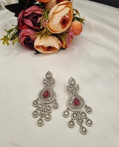 Elegant Ruby Red Teardrop <b>Earrings</b> Vintage Silver Plated Multi Tier Fringe <b>Dangle</b> <b>Earrings</b> Bollywood Wedding Jewelry for Women - Product Image 1
