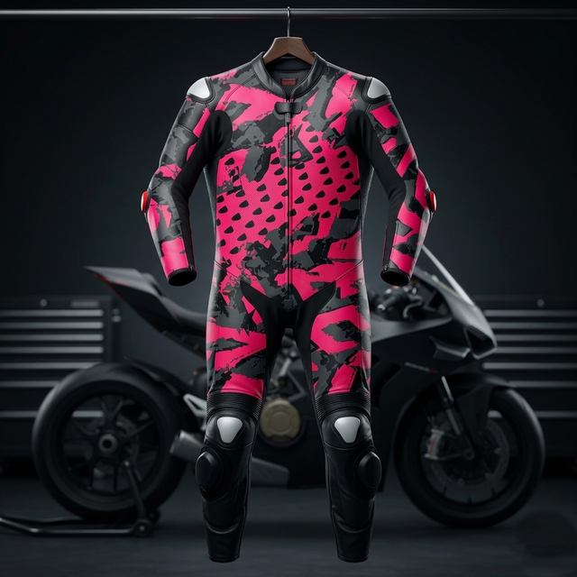 Custom One-Piece Motorcycle Leather Racing Suit Windproof CE Level 2 Protection Pink Camo Unisex