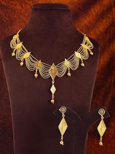 Parure de bijoux ethniques indiens pour femme, plaqué or, avec collier ras-du-cou, collier long et boucles d'oreilles, design Rani Haar, pour mariage - Product Image 2