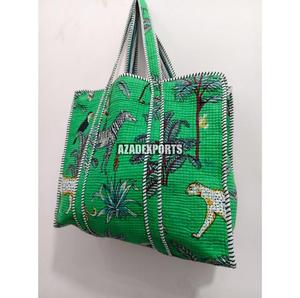 Green Jungle Cotton Hand-painted Quilted Tote Bag with <b>Tiger</b> <b>Print</b> Bohemian Style Open <b>Top</b> Large Capacity All Seasons Use - Product Image 3