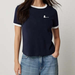 Camiseta de Manga Corta con Cuello Redondo y Ribete en Contraste para Mujer, Color Azul Marino, Estampado con Logotipo, 100% Algodón Orgánico Ecológico, Marca BE DOT - Product Image 6