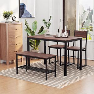 Industrial-Style 4-Piece Black Wooden Kitchen Dinette <b>Set</b> Dining Room <b>Table</b> with Storage Rack and <b>Bench</b> for Home Use - Product Image 6