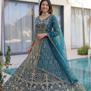 LAHENGA CHOLI DUPATTA VINTAGE PARA BODA, FIESTA DE DIWALI, LONGITUD REGULAR, SECADO RÁPIDO, SUAVE, MALLA DE MARIPOSA, BORDADO, RECICLADO - Product Image 1