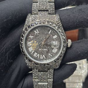 Montre mécanique de luxe style Hip Hop, sportive, avec cadran à chiffres romains incrusté de strass noirs, affichage de la date, moissanite, bracelet de 16 mm - Product Image 1