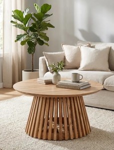 Table basse ronde moderne en bois massif à lattes, quatre places, pour salon, ferme, hôtel, intérieur de maison - Product Image 2
