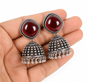 Ruby Red Oxidized <b>Silver</b> Brass Zinc Alloy Imitation Pearl Trendy Drop <b>Earrings</b> Women | Traditional Indian Party Jewelry - Product Image 3