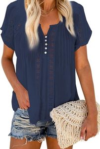 Chemisiers à manches courtes pour femmes, col en V, dentelle crochetée, style décontracté - Product Image 6