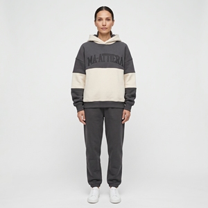<b>Women</b> Charcoal Cream Colorblock Hoodie Pullover Sweatshirt Custom Streetwear Oversized <b>Fleece</b> Casual Fashion <b>Top</b> - Product Image 1