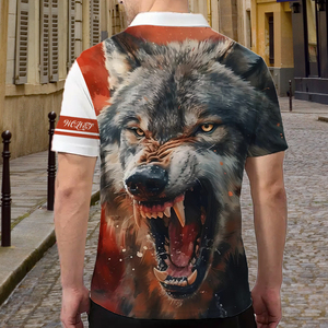 Camiseta Polo con Gráfico de Lobo Rugiente en 3D para Hombre |   Camiseta con Cierre de Cremallera de un Cuarto, Sublimada con Diseño de Animal Enfurecido |   Top artístico de estilo urbano en rojo y gris - Product Image 3