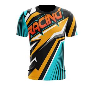 Camiseta Deportiva para Hombre Racing Bolt Strike Energy, Diseño Dinámico en Naranja Vibrante, Amarillo y Cian, para Entrenamiento Atlético - Product Image 1