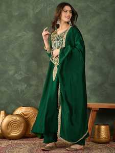 ชุดเดรส Anarkali พร้อมกางเกงและผ้าคลุมไหล่ ทำจากผ้าไหมวิชิตร้าแท้ ผลิตแบบ ODM ไม่ยับ แห้งเร็ว เหมาะสำหรับงานแต่งงาน งานปาร์ตี้ งานเทศกาลดีวาลี สำหรับผู้หญิง - Product Image 5