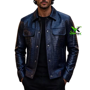 Chaqueta de Motociclista de Lona con Estampado de Cocodrilo Beige para Hombre VANTEX SPORTS, Cuello Alto Informal, Talla Grande, Cierre de un Solo Botón, para Invierno - Product Image 3