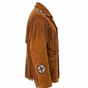 Veste marron pour homme avec broderie à franges, fermeture éclair, col rabattu, style vintage, manches régulières - Product Image 3