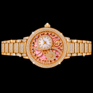 Luxury Gold <strong>Skeleton</strong> Gear <strong>Women</strong>&rsquo;s <strong>Watch</strong> with Pink Crystal Details Round Dial Sparkling Bezel and Iced Out Bracelet Strap - Product Image 1
