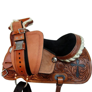 Selle de cheval western en cuir marron repoussé avec arceau en bois et quincaillerie nickelée pour l'équitation sur sentier et la course - Product Image 4
