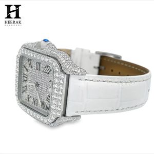 Reloj de Moissanita Personalizado con Bisel Cuadrado, Números Romanos, Esfera con Incrustaciones, Correa de Cuero, Totalmente Cubierto de Diamantes, Reloj de Pulsera de Lujo para Hombre - Product Image 5