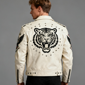 OEM Men's PU Leather Motor <b>Jacket</b> Plain Embroidery <b>Rhinestone</b> Rivets Windproof Anti-Bacterial Features Silk Lining Full - Product Image 4