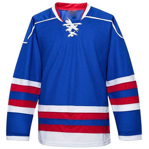 Maillot de hockey sur glace personnalisé bleu, rouge et blanc, rayé, à manches longues, col en V, uniforme sportif - Product Image 1