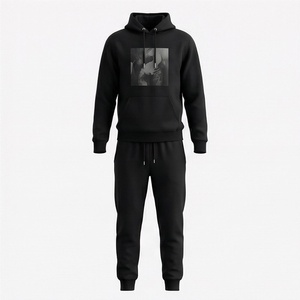 Ensemble de survêtement noir à capuche pour homme, sweat-shirt et pantalon en coton longs avec impression photo sur le devant, tenue décontractée pour l'automne - Product Image 1