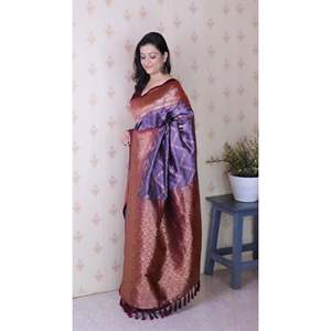 Sari Tejido de Seda Suave Lavanda Elite Weaves Banarasi ZigZag Meenakari Zari, Blusas y Camisas para Mujer, 650g - Product Image 2