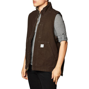 Men's <b>Brown</b> Canvas Stand Collar <b>Vest</b> Zipper Closure Windproof Casual Outerwear Autumn Solid Design Pockets - Product Image 3