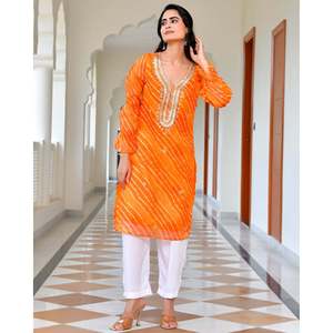 Ensemble Kurta Leheriya de style bohème en tissu chiffon orange rouille XS - Product Image 5