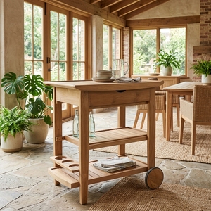 Modern Solid <b>Teak</b> Outdoor Serving Cart with Storage <b>Shelves</b> and Wheels for Hotel and Patio Use Model KAR03 - Product Image 6