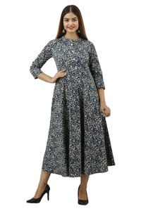 Traje largo de verano Vintage para mujer, vestido de algodón azul y blanco con estampado de bloques a mano, talla grande, venta al por mayor, método de tejido - Product Image 3