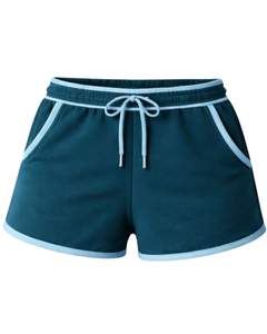 Pantalones Cortos de Felpa de Algodón para Mujer, Color Verde Azulado Oscuro con Contraste Azul Cielo, Cintura Elástica, Ropa Deportiva Informal de Verano, Personalizados por el Fabricante - Product Image 1