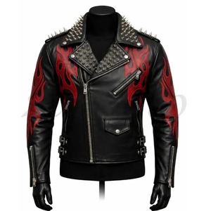 Veste de motard en cuir cloutée de flammes pour homme - Product Image 1