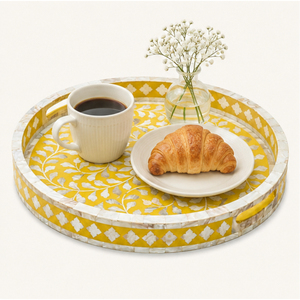 Luxury Yellow Mother of Pearl Inlay Tray Round Wooden <b>Mosaic</b> Serving Platter Floral Resin Decorative Tray with Cutout Handles - Product Image 4