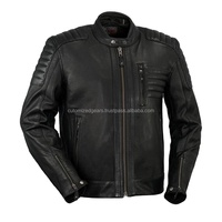 Veste de moto en cuir pour hommes Veste de moto noire robuste en cuir de vachette avec poches zippées Vêtements d'extérieur de motard durables