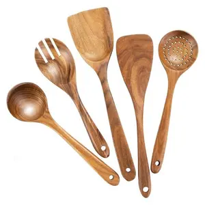 Large Salad Dinner Serving Spoons Fork Cutlery set Solid Spoon Cooking Kitchen Utensils With Wooden Holder Spoon