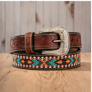 Wholesale Custom Hand Tooled Brown Leather <b>Belt</b> for Men & Women Multicolor Geometric Beadwork Western <b>Cowboy</b> Style Alloy Buckle - Product Image 3