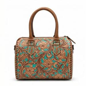 2026 New Arrival Luxury <b>Hand</b> Tooled Full Floral Carved Turquoise Green Stone Studded 100% Genuine Leather <b>Mini</b> Speedy Duffle Bag - Product Image 2