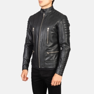 Chaqueta de cuero genuino para hombre, estilo motociclista, color negro, corte ajustado, cuello alto, cierre de cremallera, longitud regular, disponible para la venta, servicio OEM. - Product Image 5