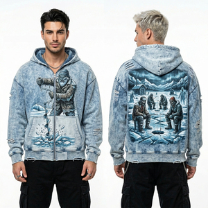 Sweat à capuche pour homme vert sarcelle, effet vieilli, avec motif squelette et crocodile de marais, délavé à l'acide, style vintage streetwear, épais - Product Image 4