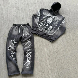 Ensemble de survêtement personnalisé délavé à l'acide, coupe évasée, épais, avec impression sérigraphiée, comprenant un sweat à capuche et un pantalon de survêtement effet vieilli - Product Image 6
