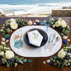Artisan Embroidered Ocean Shell Cotton <b>Placemat</b> Napkins Set Elegant Coastal Table Setting for Summer Wedding & Beach Dinner - Product Image 1